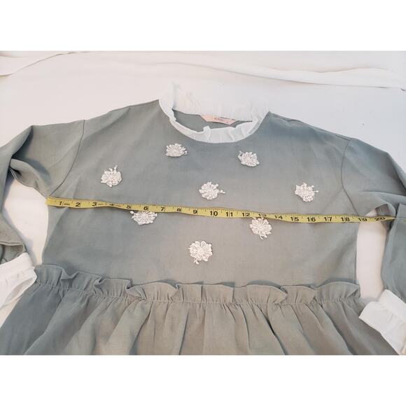 YOCO Dress Womens Small Sage Green Long Sleeve Ruffle Collar Floral Applique - Picture 9 of 16